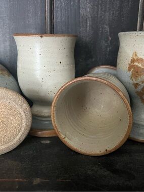 Pottery studio wine goblets (4) Cream with Brown Rim